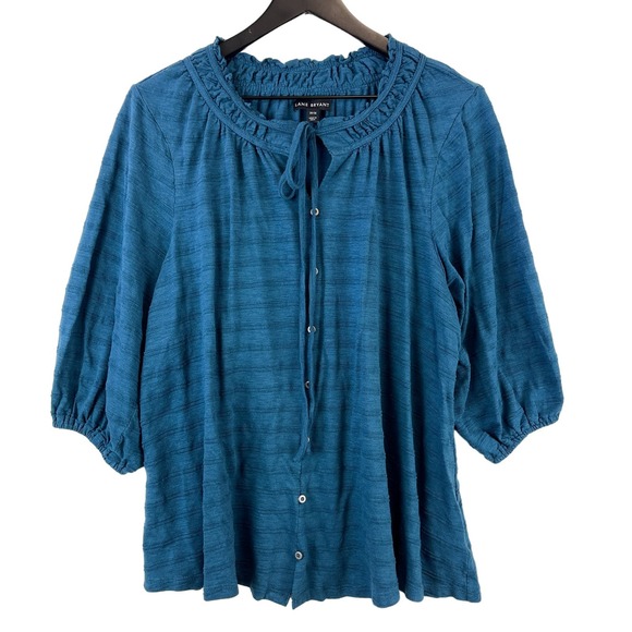 Lane Bryant (14/16 Plus) Blouse Puff Sleeve Stripe Blue Faux Button - Picture 1 of 9